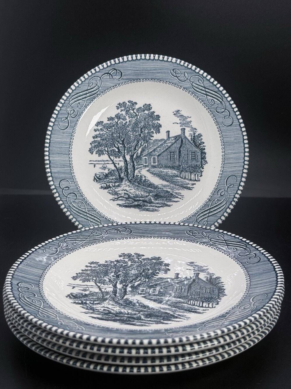 Currier & Ives OLD GRIST MILL Blue 5 Salad / Bread PlateS by Royal China USA